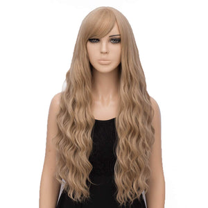 Blonde Wig for Women Long Wavy Heat Resistant Fiber Wigs Side Bangs Cosplay Party