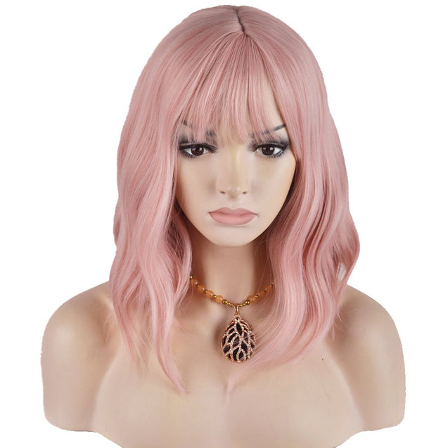 14'' Short Curly Women Girl's Charming Synthetic Wig with Air Bangs Wig Cap Included (Lovely Pink)