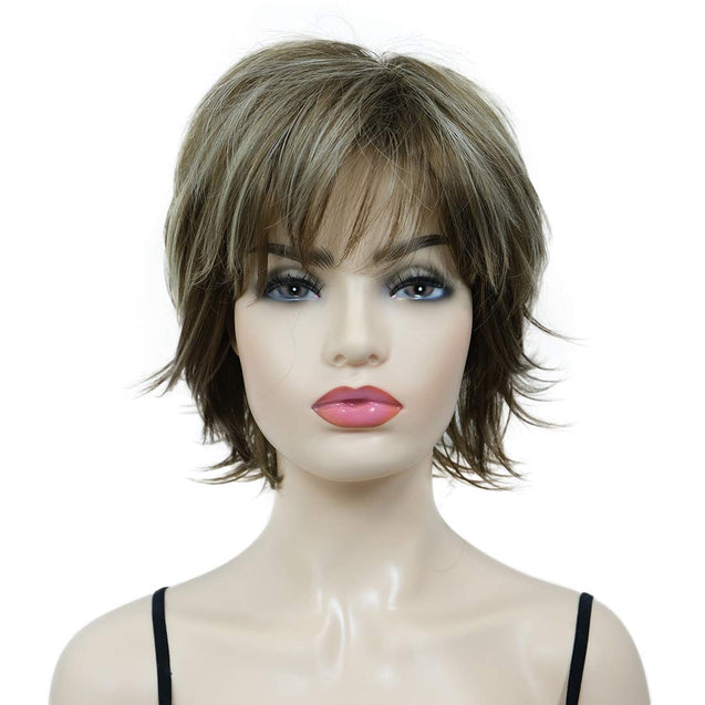 Short Layered Shaggy Full Synthetic Wig Wigs 12TT26 Brown Highlights