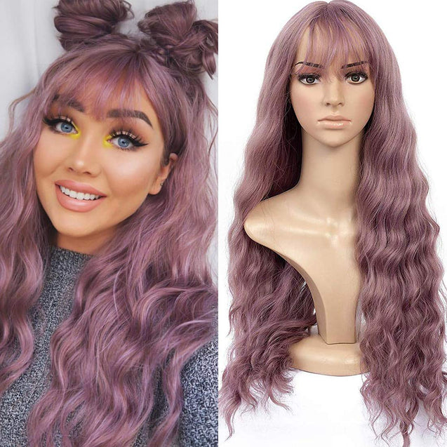 Long Wavy Wig With Air Bangs Silky Full Heat Resistant Synthetic Wig for Women - Natural Looking Machine Made Grey Pink 26 inch Hair Replacement Wig for Party Cosplay Body Wavy