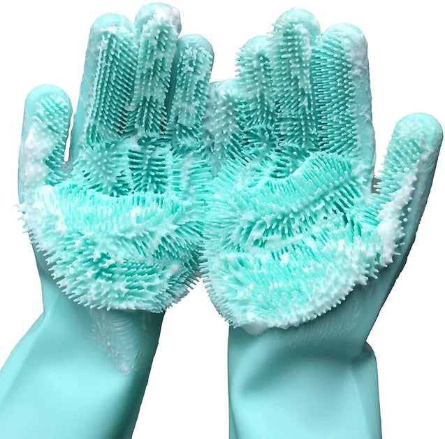 Cleaning sponge gloves, dishwasher gloves, silicone reusable cleaning brushes, heat-resistant cleaning gloves, suitable for household, kitchen cleaning, bathroom, car washing. 1 pair (13.5 inches large)