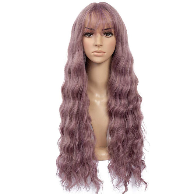 Long Wavy Wig With Air Bangs Silky Full Heat Resistant Synthetic Wig for Women - Natural Looking Machine Made Grey Pink 26 inch Hair Replacement Wig for Party Cosplay Body Wavy