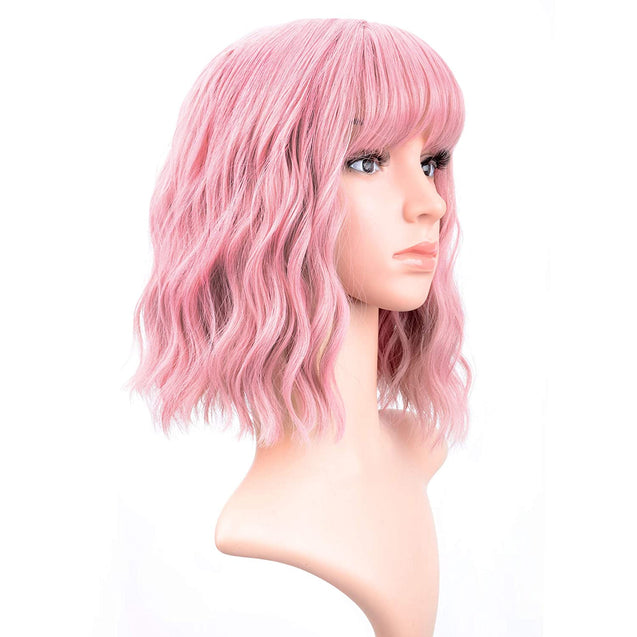 Pastel Wavy Wig With Air Bangs Women's Short Bob Pink Wig Curly Wavy Shoulder Length Pastel Bob Synthetic Cosplay Wig for Girl Colorful Costume Wigs