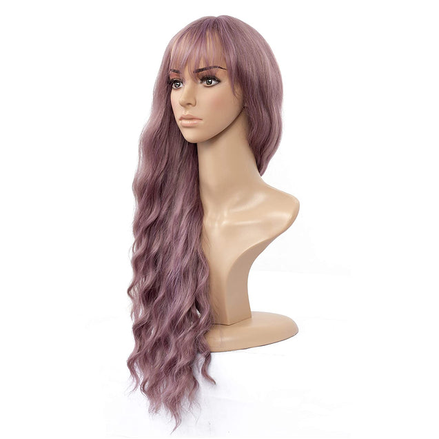 Long Wavy Wig With Air Bangs Silky Full Heat Resistant Synthetic Wig for Women - Natural Looking Machine Made Grey Pink 26 inch Hair Replacement Wig for Party Cosplay Body Wavy