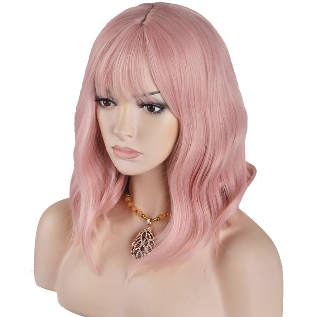 14'' Short Curly Women Girl's Charming Synthetic Wig with Air Bangs Wig Cap Included (Lovely Pink)