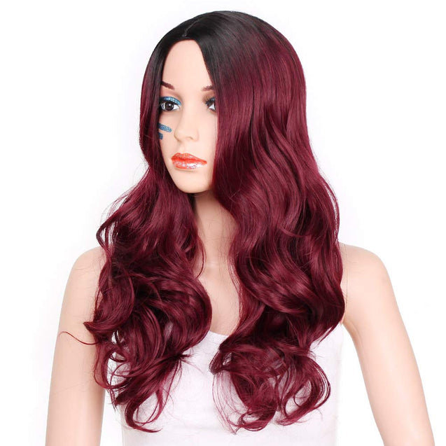 Wigs for Women Long Curly Wig Black to Red Wavy Synthetic Party Wigs Burgundy Middle Part Full Wigs Heat Resistant Fiber Halloween Cosplay Wigs