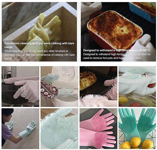 Cleaning sponge gloves, dishwasher gloves, silicone reusable cleaning brushes, heat-resistant cleaning gloves, suitable for household, kitchen cleaning, bathroom, car washing. 1 pair (13.5 inches large)