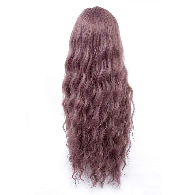 Long Wavy Wig With Air Bangs Silky Full Heat Resistant Synthetic Wig for Women - Natural Looking Machine Made Grey Pink 26 inch Hair Replacement Wig for Party Cosplay Body Wavy