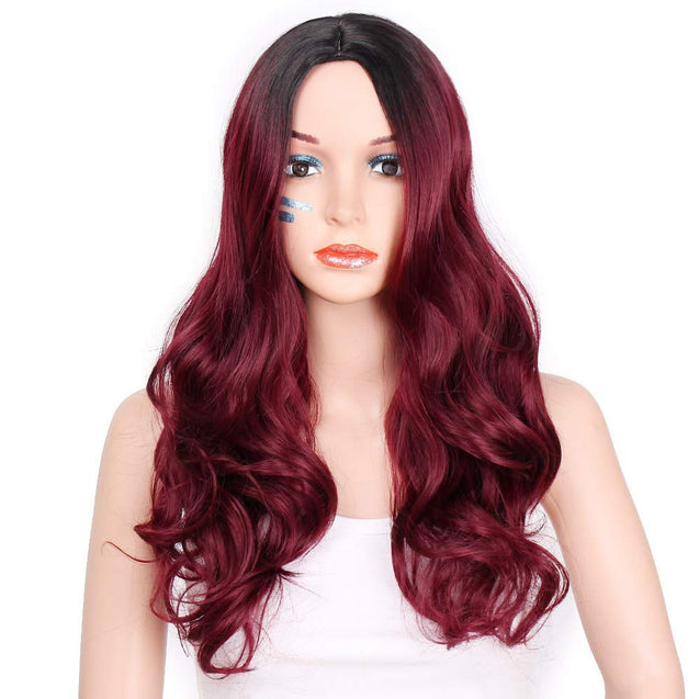 Wigs for Women Long Curly Wig Black to Red Wavy Synthetic Party Wigs Burgundy Middle Part Full Wigs Heat Resistant Fiber Halloween Cosplay Wigs