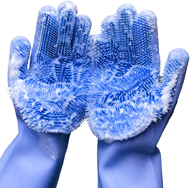 Cleaning sponge gloves, dishwasher gloves, silicone reusable cleaning brushes, heat-resistant cleaning gloves, suitable for household, kitchen cleaning, bathroom, car washing. 1 pair (13.5 inches large)