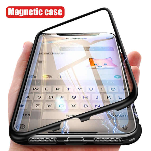 For iPhone Coque Luxury Metal Magnet Back Glass Cover Fundas bumper